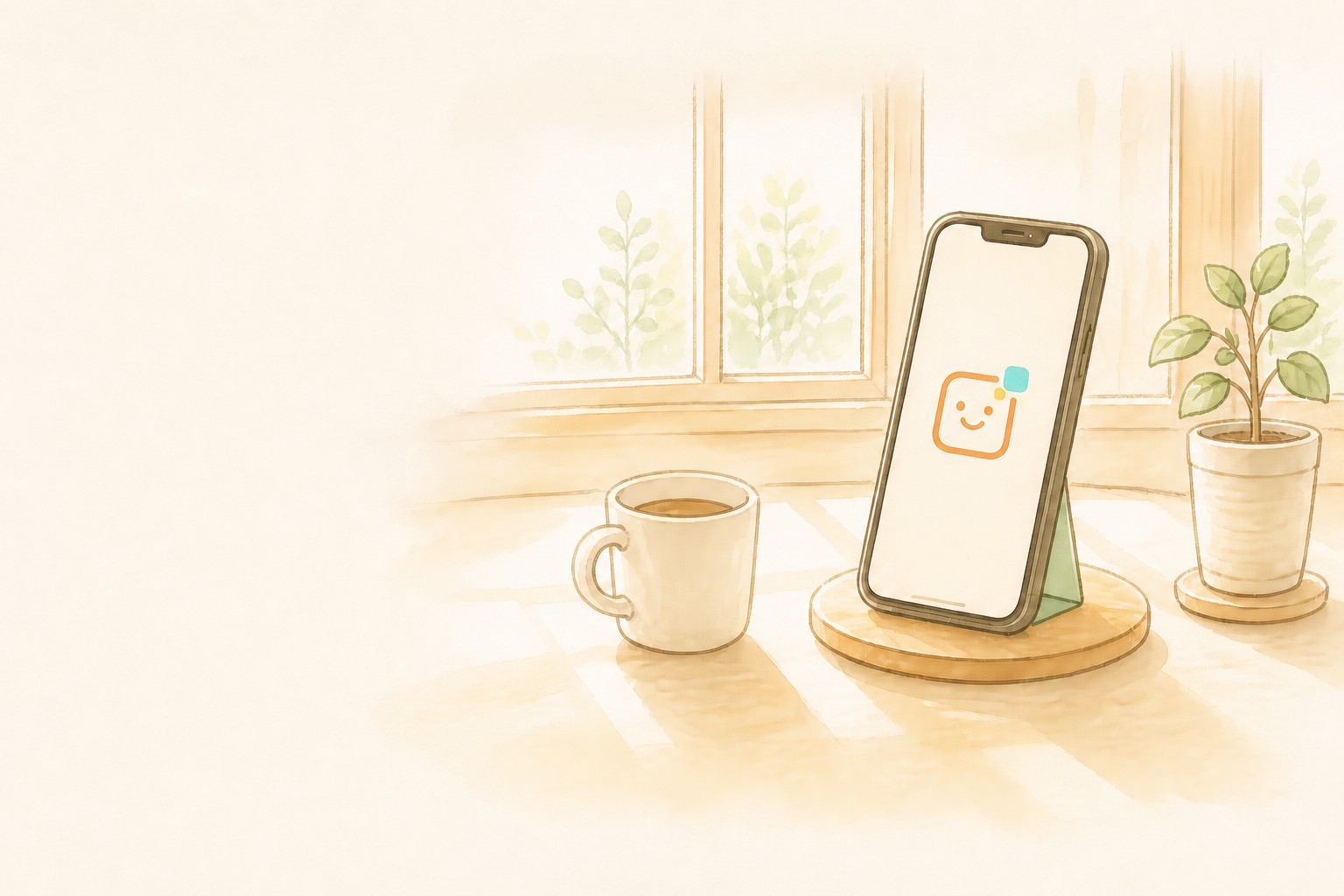窓辺の机に置かれたスマートフォンとマグカップ、観葉植物のイラスト