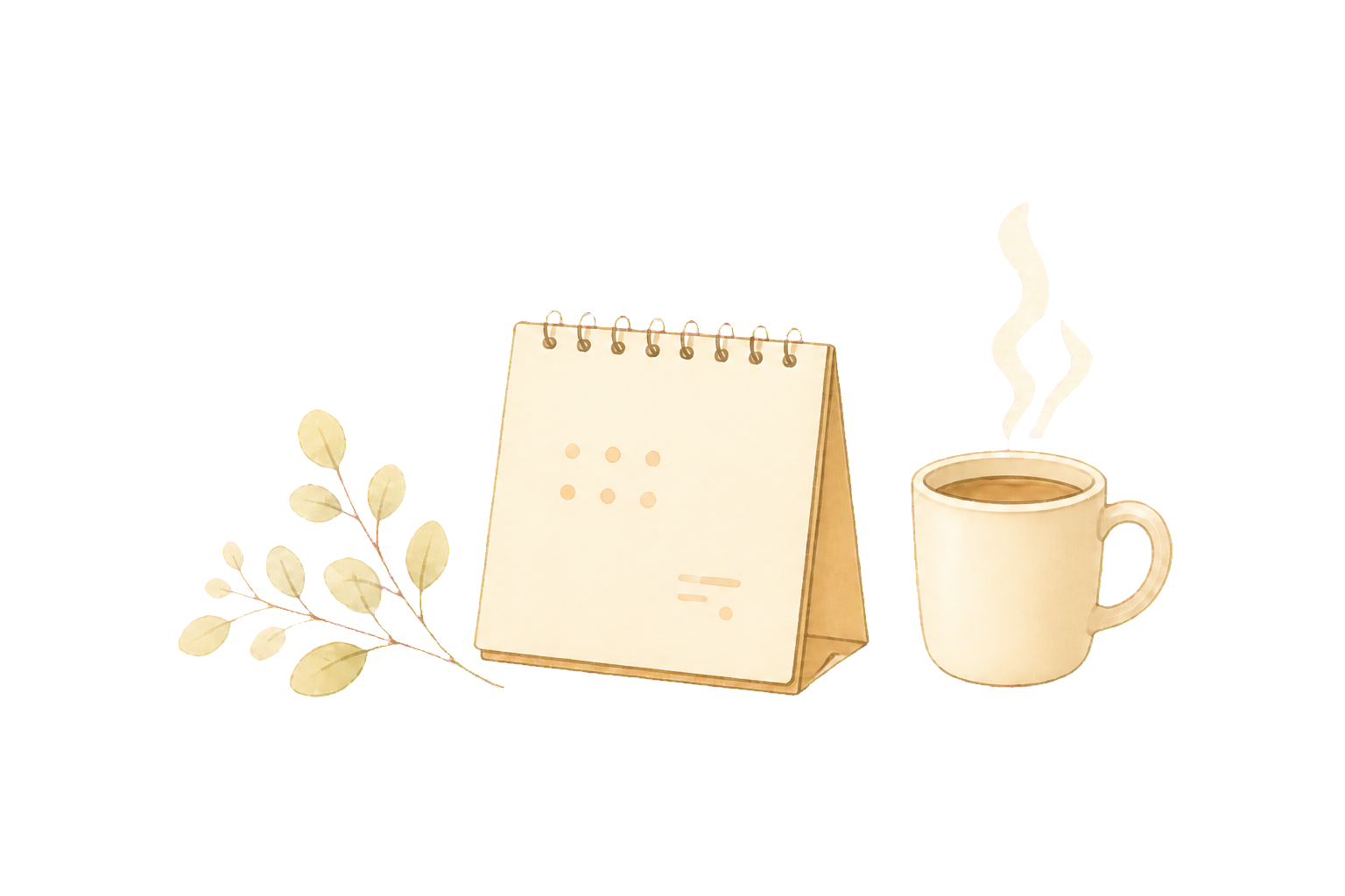 卓上カレンダーと植物、マグカップのイラスト